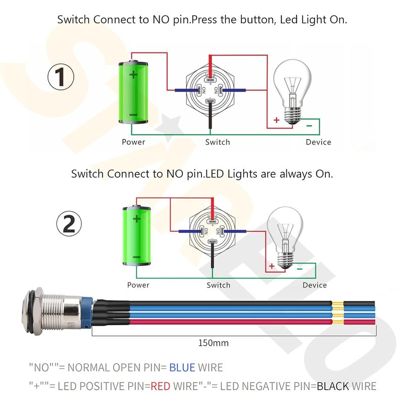 STARELO 5pcs 12mm Momentary led Push Button Switch Silver Shell with pre-Wiring, IP65 Waterproof Push Button Switch,1NO 1 Normally,Self-resetting with LED(Blue). - Image 3
